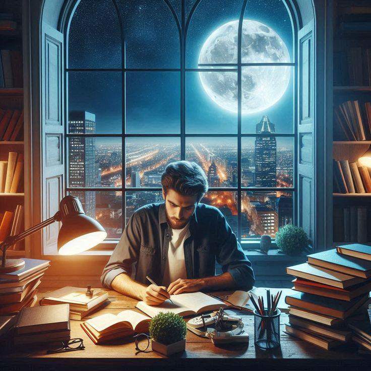 Portrait of Man studying at night with citylight and moon view